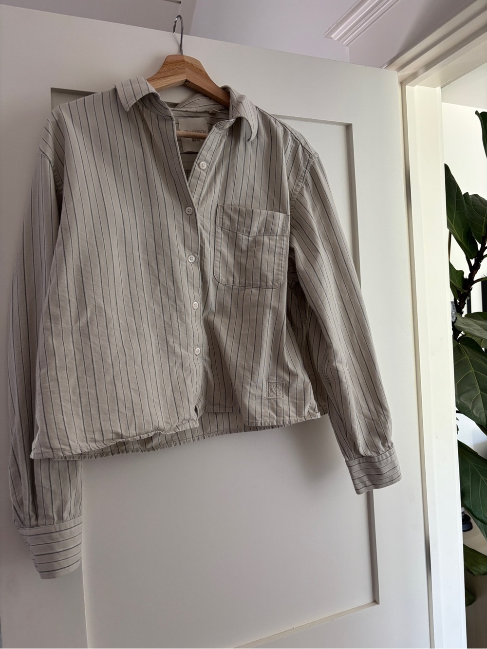 JW Anderson x Uniqlo Cropped Striped Oxford Dress Shirt, Cream Ecru and Navy, M
